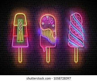 Set of Glow Signboard with Different Ice Cream. Frozen Fruit, Sorbet, Sundae, Popsicle. Neon Template for Flyer, Poster, Banner, Playbill, Invitation. Brick Wall. Vector 3d Illustration. Clipping Mask