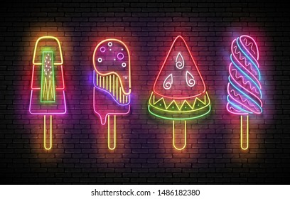 Set of Glow Signboards with Different Ice Cream. Frozen Fruit, Sorbet, Sundae, Popsicle, Watermelon Piece. Neon Template for Flyer, Poster, Banner. Brick Wall. Vector 3d Illustration. Clipping Mask
