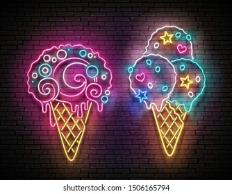 Set of Glow Signboards with Different Ice Cream in Waffle Cones. Cafe Flyer Template. Shiny Neon Light Poster, Banner, Invitation. Seamless Brick Wall. Vector 3d Illustration. Clipping Mask