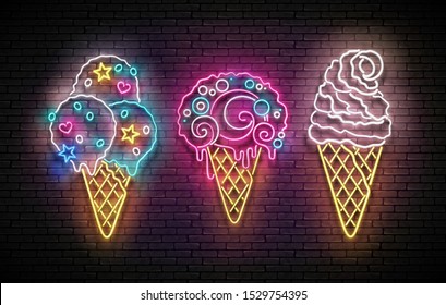 Set of Glow Signboards with Different Ice Cream in Waffle Cones. Cafe Flyer Template. Shiny Neon Light Poster, Banner, Invitation. Seamless Brick Wall.
Vector 3d Illustration. Clipping Mask