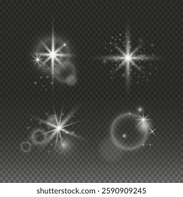 Set of glow stars. Abstract lighting effect, bright flare on black
