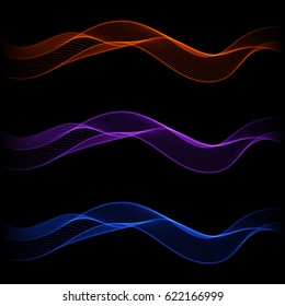 Set of Glowing Abstract Isolated Wave Lines for Black Background. Design Elements Shimmering Smooth Wavy Horizontal Bands.