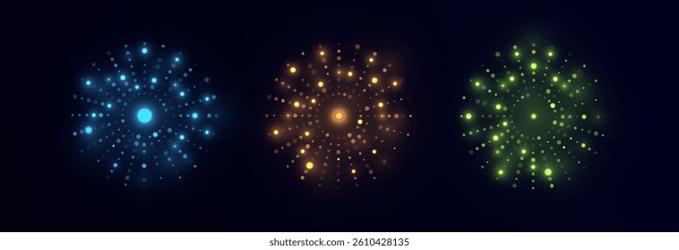 Set of glowing abstract light bursts in blue, orange, and green with scattered particles on dark background. Perfect for festive designs, UI effects, energy visuals, or motion graphics.

