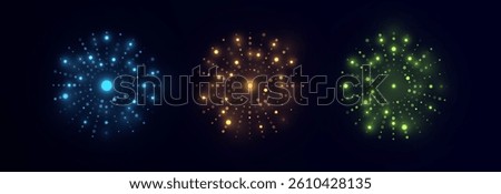 Set of glowing abstract light bursts in blue, orange, and green with scattered particles on dark background. Perfect for festive designs, UI effects, energy visuals, or motion graphics.

