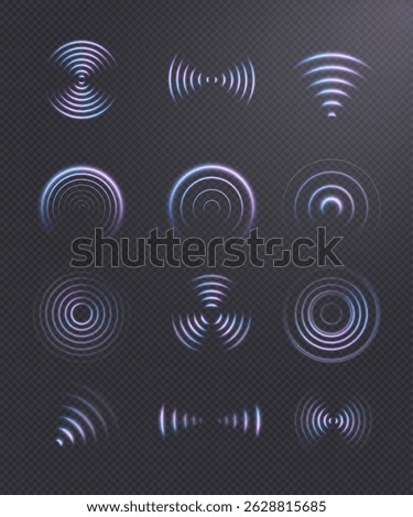 Set of glowing abstract radar waves and sound pulses in blue and violet tones on dark background. Futuristic elements for interfaces, audio effects, HUD graphics and sci-fi UI design.

