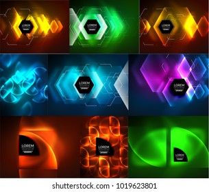 Set of glowing abstract shapes neon shiny hi-tech abstract backgrounds. Vector light effects templates