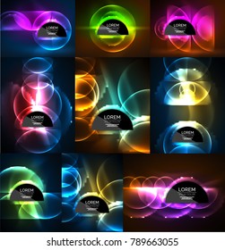 Conjunto de formas abstractas resplandecientes neón brillante fondo abstracto de alta tecnología. Plantillas de efectos luminosos de vectores