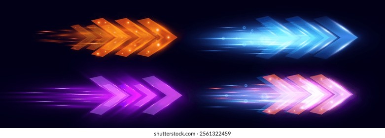 Set of glowing arrows in various colors orange, blue, purple, pink with motion blur and light trail effects on transparent background, representing speed, technology, and futuristic themes.