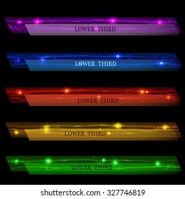 Set glowing banners Lower Third purple, blue, red, yellow and green on a black background. Vector illustration.