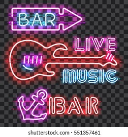 Set of glowing bar neon signs isolated on transparent background. Shining and glowing neon effect. Every sign is separate unit with wires, tubes, brackets and holders. Bar sign, live music sign.