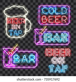 Set of glowing bar neon signs isolated on transparent background. Shining and glowing neon effect. Every sign is separate unit with wires, tubes, brackets and holders.