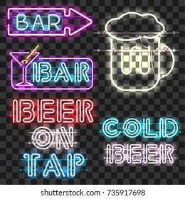 Set of glowing bar neon signs isolated on transparent background. Shining and glowing neon effect. Every sign is separate unit with wires, tubes, brackets and holders.