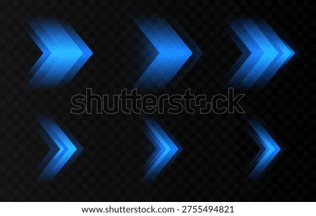 Set of glowing blue arrows PNG. Dynamic glowing arrows showing speed and motion. Neon arrows PNG.