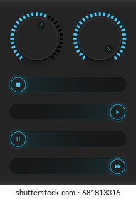 Set of glowing blue buttons and sliders. Neon style. Control user interface. Rubber and metal switches. Adding and decreasing the sound parameters. Vector illustration
