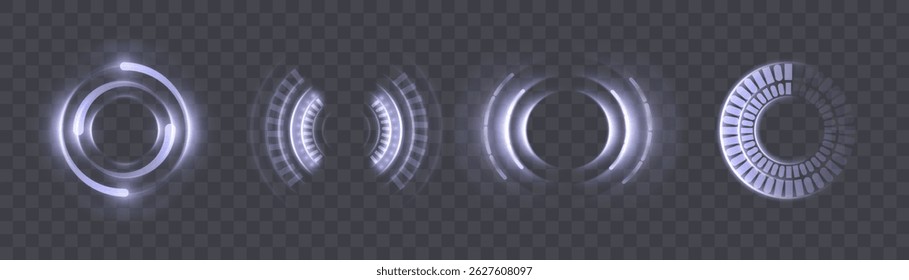 Conjunto de Elementos de interfaz HUD circular azul brillante sobre fondo transparente oscuro. Pantallas de anillo futuristas, indicadores de escaneo de ciencia ficción, widgets de interfaz de usuario radial para tecnología y diseño digital.

