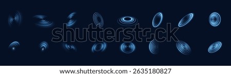 Set of glowing blue circular ripple effects on dark background. Ideal for sci-fi HUDs, audio visualizers, radar UI, scanning systems, or futuristic interface animations.

