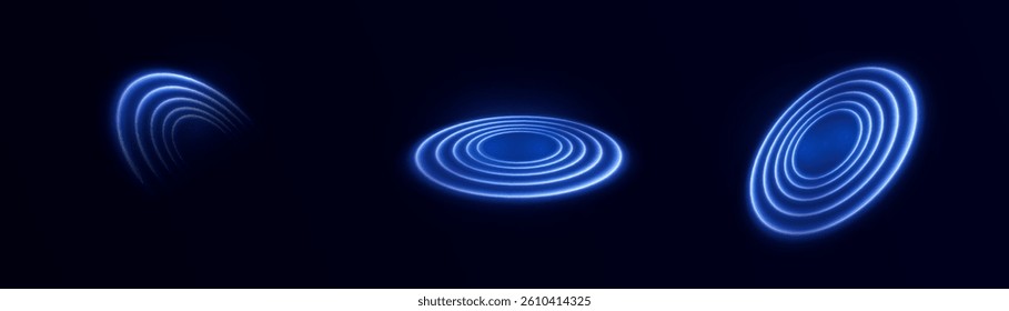 Set of glowing blue concentric rings in perspective on dark background. Perfect for sound waves, radar scans, sci-fi interfaces, digital data visuals, or tech HUD elements.
