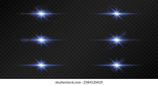 Set of glowing blue lens flares on a dark transparent background. Radiating light bursts with horizontal beams create a bright, futuristic effect. Sci-fi, digital effects, abstract design themes