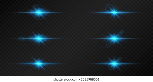 Set of glowing blue lens flares on a dark transparent background. Radiating light bursts with horizontal beams create a bright, futuristic effect. Sci-fi, digital effects, abstract design themes