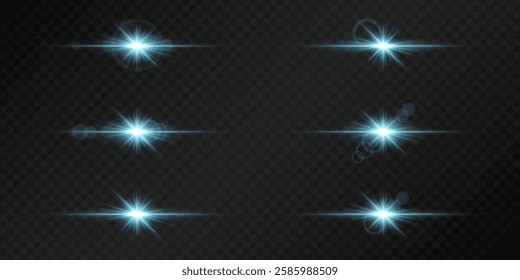 Set of glowing blue lens flares on a dark transparent background. Radiating light bursts with horizontal beams create a bright, futuristic effect. Sci-fi, digital effects, abstract design themes