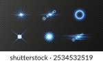 Set of glowing blue light effects, including starbursts, lens flares, and circular halos, on a transparent background. Vector illustration for creating lighting effects in graphic design and digital