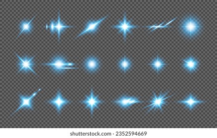 A set of glowing blue light effects on a transparent background. Sparkling and shining stars, bright flashes of lights with radiation. Vector illustration.