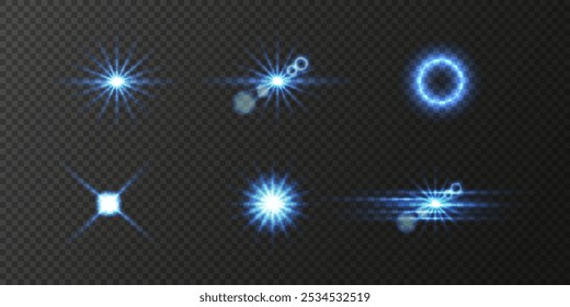 Conjunto de efectos de luz azul brillante, que incluyen explosiones de estrellas, destellos de lentes y halos circulares, sobre un fondo transparente. Ilustración vectorial para crear efectos de iluminación en Diseño gráfico y digital