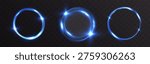 Set of glowing blue light rings with bright highlights and lens flare effects. Clean luminous circles on transparent background, ideal for futuristic UI, overlays, and digital design.
