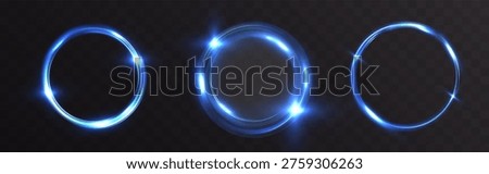 Set of glowing blue light rings with bright highlights and lens flare effects. Clean luminous circles on transparent background, ideal for futuristic UI, overlays, and digital design.