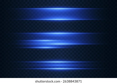 Set of glowing blue light stripes on transparent background with motion blur and futuristic energy effect.
