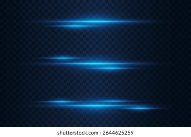 Set of glowing blue light stripes on transparent background with motion blur and futuristic energy effect.
