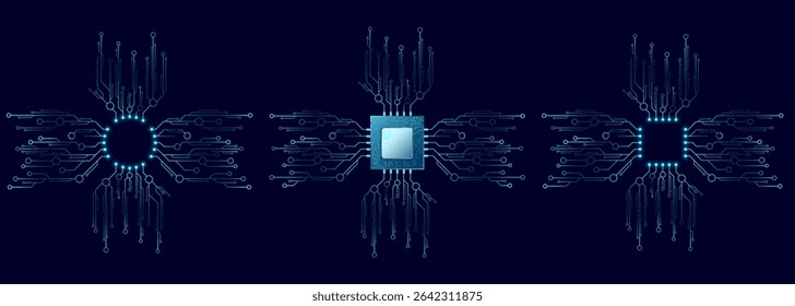 Set of glowing blue microchips connected to a futuristic circuit network on a dark background. Technology, computing and electronics elements. Futuristic semiconductors. Vector illustration.