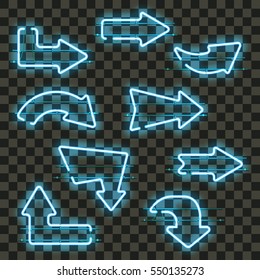 Set of glowing blue neon arrows isolated on transparent background. Shining and glowing neon effect. Every arrow is separate unit with wires, tubes, brackets and holders. Vector illustration.