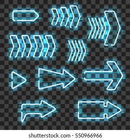 Set of glowing blue neon arrows isolated on transparent background. Shining and glowing neon effect. Every arrow is separate unit with wires, tubes, brackets and holders. Vector illustration.