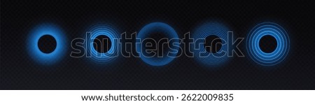 Set of glowing blue radar rings and wave pulses on dark transparent background. Ideal for sci-fi interfaces, HUD, sonar effects, and tech overlays.	
