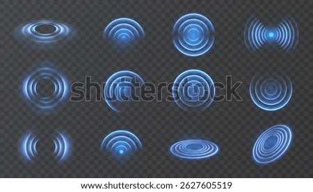 Set of glowing blue radar and ripple wave effects on transparent background. Circular signal elements for user interface, futuristic HUD visuals, scanning animations, or sonar display design.	

