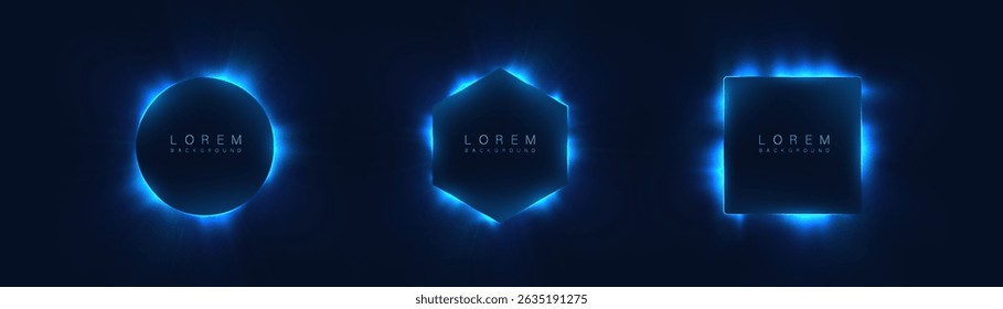 Set of glowing blue shapes — circle, hexagon, and square — with light flares on dark background. Ideal for HUD design, futuristic UI, tech banners, or sci-fi interfaces.

