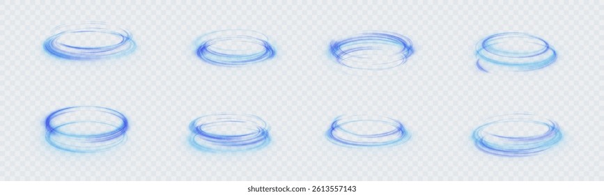 Set of glowing blue spinning light rings with motion blur on transparent background. Ideal for sci-fi interfaces, teleportation effects, energy loops, or futuristic animation elements.

