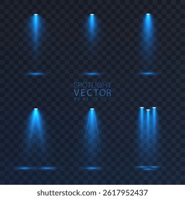 Set of glowing blue spotlights with bright beams of light and light haze on transparent background.
