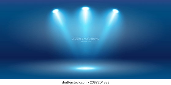 A set of glowing blue transparent light effect on a blue background. Illuminated stage, floodlights. Studio lighting. Vector EPS 10.