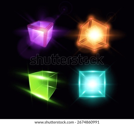 Set of glowing bright neon 3D cubes in blue, orange, pink and green with light rays and glare. Blockchain. AI, energy, cyber network. Vector icons on black isolated background.