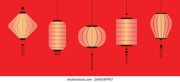 Set of glowing Chinese lanterns with tassels on red background. Asian decorations collection. Hanging paper lamp for Chinese New Year celebration, music festival. Vector illustration.