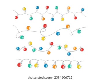Set of glowing Christmas garlands with light bulbs. Doodle outline Xmas decoration isolated on white. Colorful cute holiday design element. Winter festive cozy illustration