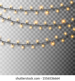 Set of glowing Christmas lights. Christmas garland lights. Decorative realistic bulbs. Holiday vector decor set of garlands with shadows