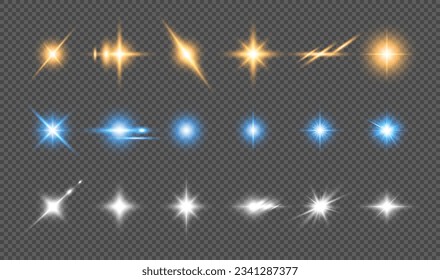 A set of glowing color lighting effects on a transparent background. Sparkling and shining stars, bright flashes of lights with radiation. Vector illustration.