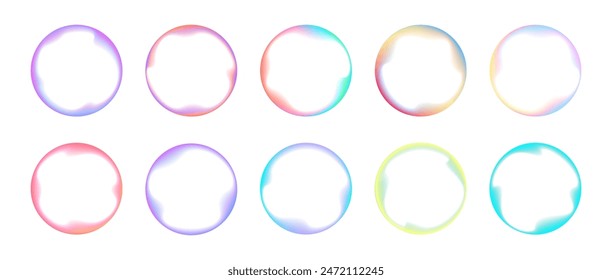 Set of glowing colored gradient circles with internal blurring abstract shape. Round vector frames with aura for design 