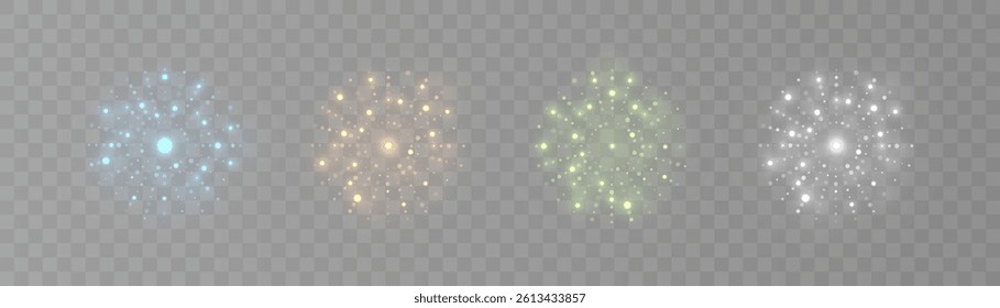 Set of glowing colorful light bursts with soft sparkles on transparent background. Includes blue, orange, green, and white flares for magic effects, UI design, or festive highlights.


