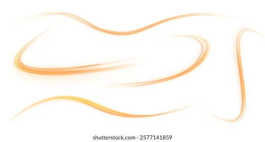 Set of glowing curved lines in the shape of speed. Long exposure photography of light painting, curved lines of bright neon metallic yellow gold on transparent background PNG.	