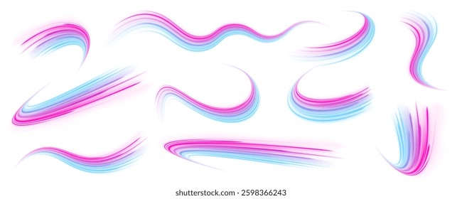 Set of glowing curved lines in the shape of speed. Blue stripes in the form of drill, turns and swirl. Undulate wave swirl swoosh, dynamic twisted lines.