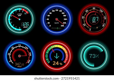 Conjunto de medidores digitales y analógicos brillantes que muestran velocidad, RPM, Mbps y porcentaje. Ideal para diseño de interfaz de usuario, automotriz y tecnológico.
